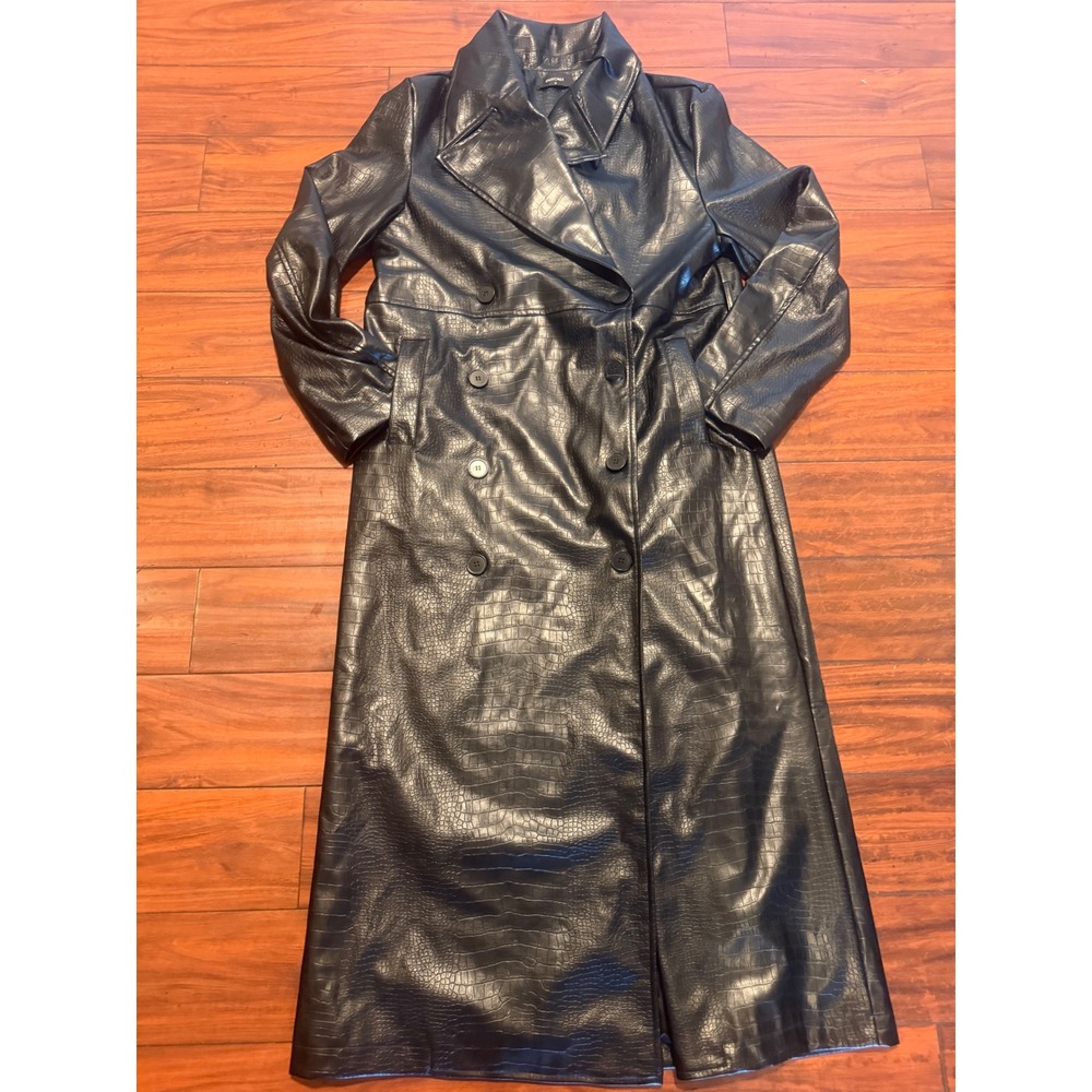 Outcast Clothing Black Croc Embossed Faux Leather Trench Coat Jacket Small - Picture 3 of 10